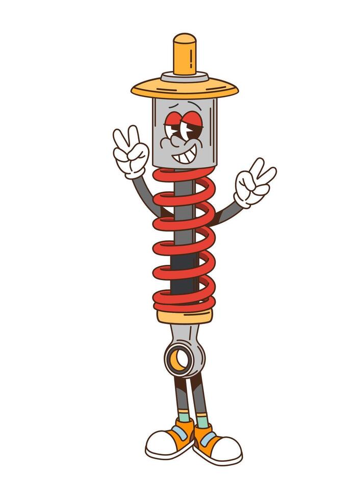 Retro groovy car shock absorber cartoon character vector