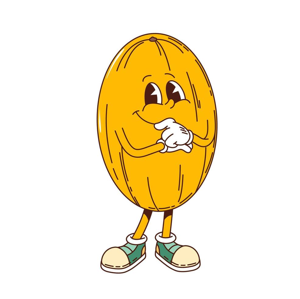 Cartoon groovy yellow melon fruit retro character vector