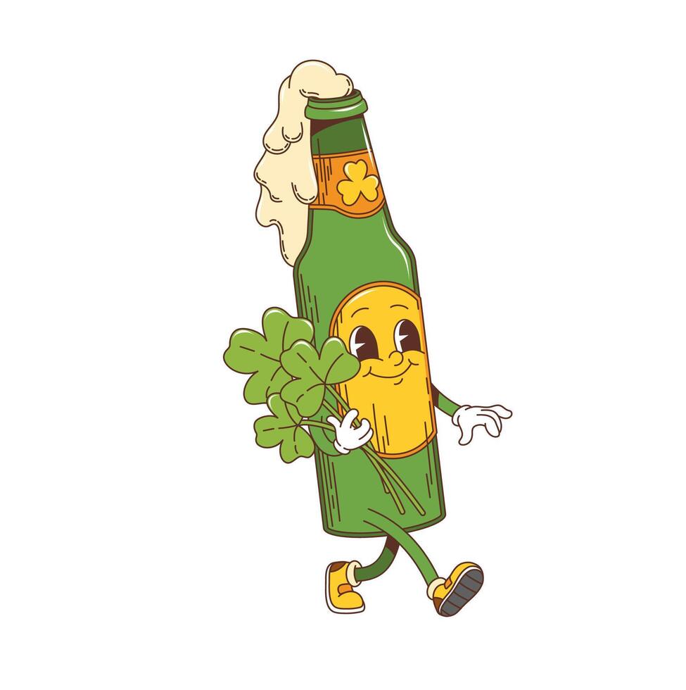 Cartoon green groovy beer bottle hippie character vector