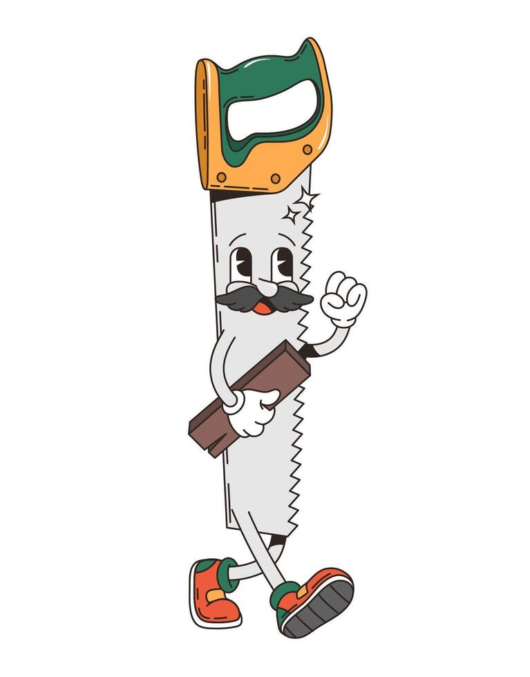 Retro groovy hand saw tool cartoon funny character vector