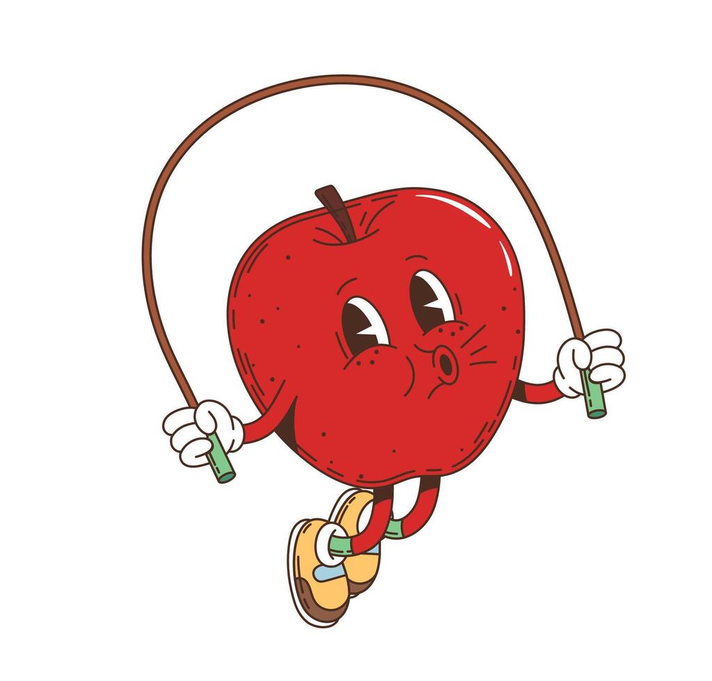 Cartoon groovy apple retro character skipping rope vector
