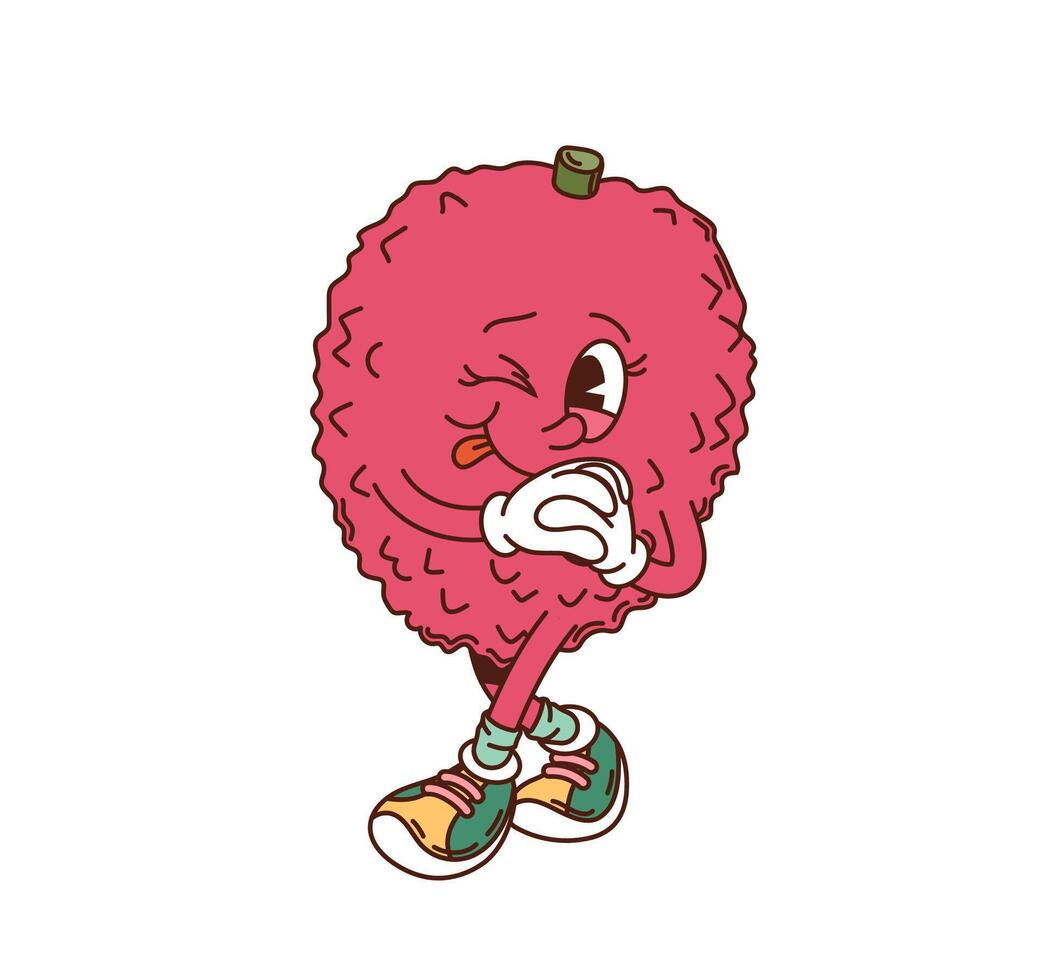 Cartoon groovy lychee fruit character stick tongue vector