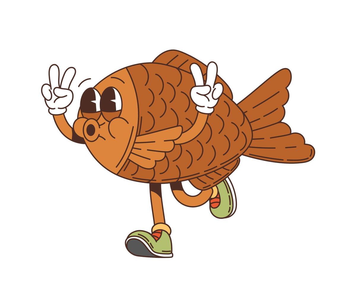 Retro Japanese taiyaki fish groovy funny character vector
