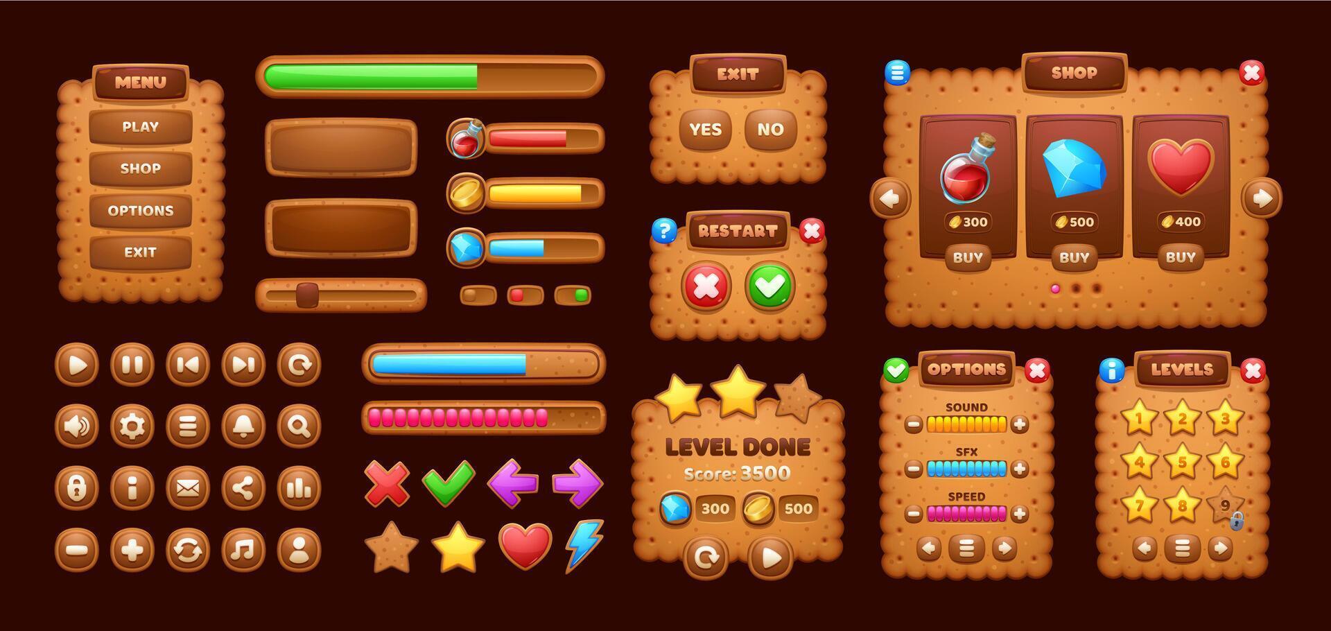 Cookie cracker game interface. Ui game elements vector