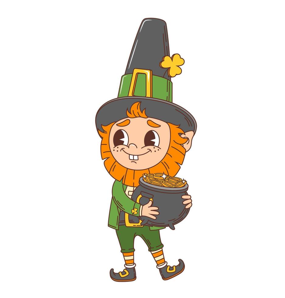 Cartoon retro groovy leprechaun with pot of gold vector