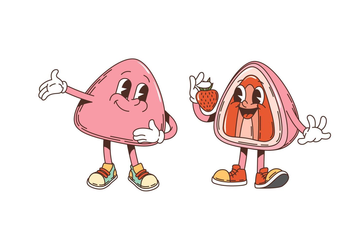 Retro groovy japanese daifuku mochi characters vector
