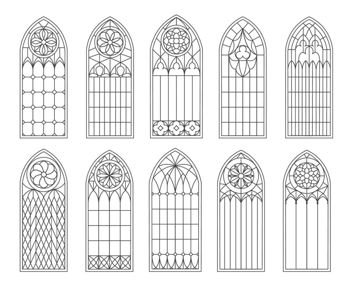 Medieval gothic church, castle glass arch windows vector