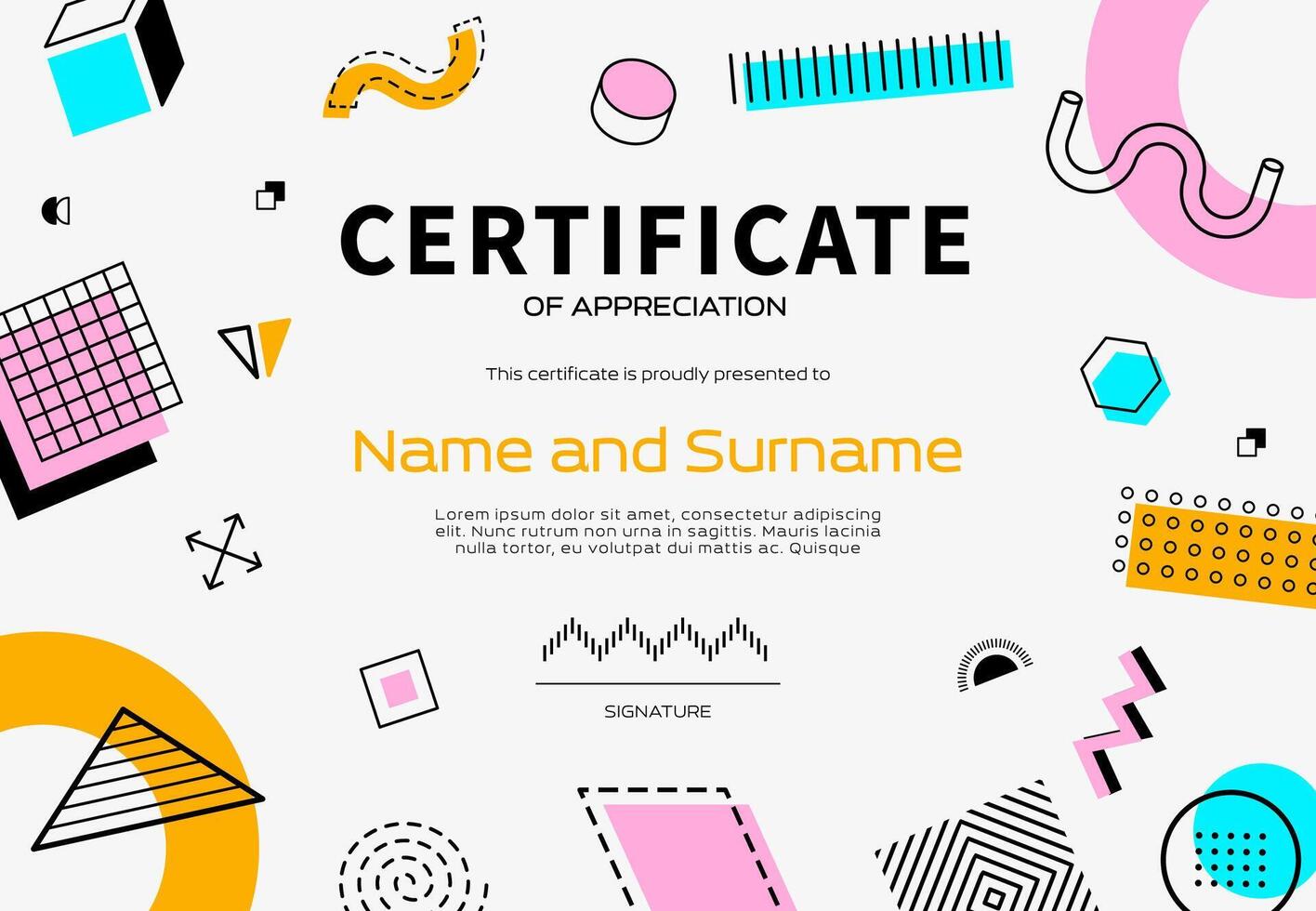 Certificate template, abstract geometric Memphis vector