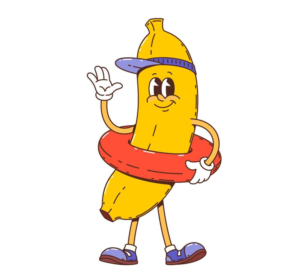 Cartoon groovy banana fruit dons cap and lifebuoy vector