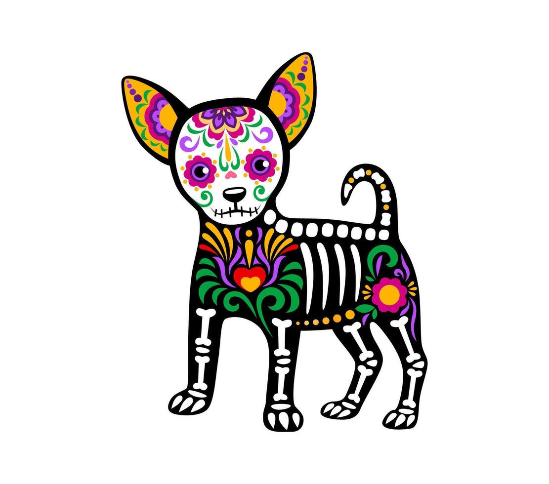 Day of the dead Mexican dog animal skeleton tattoo vector
