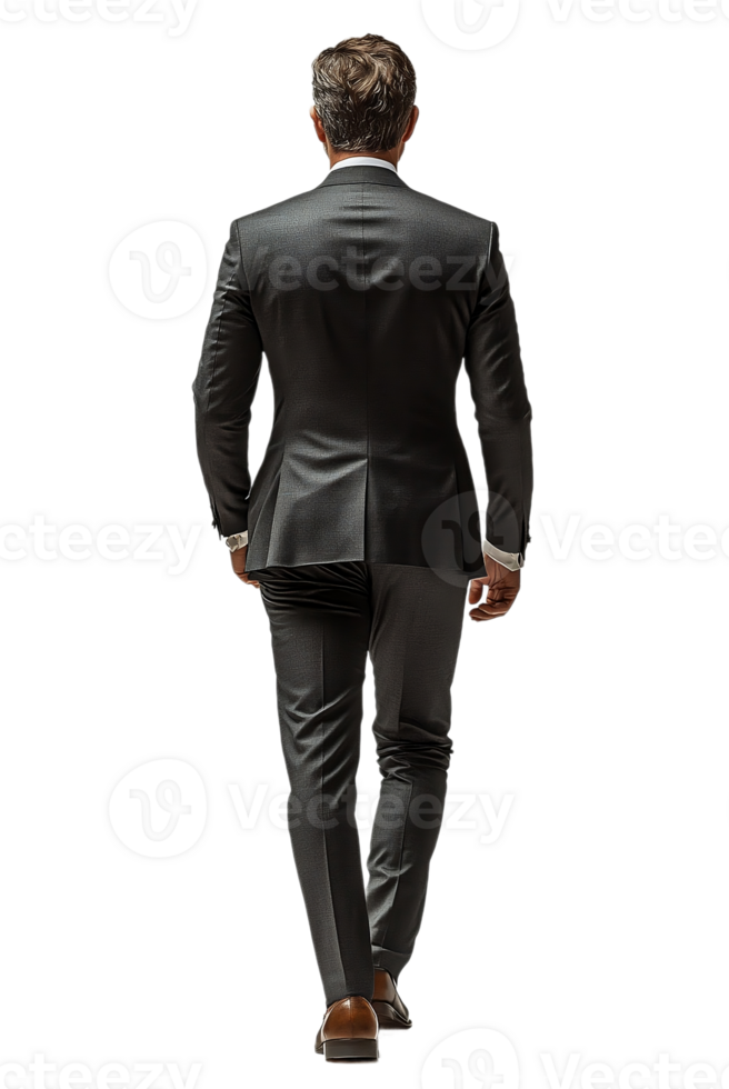 Rear view of a man in a black suit standing isolated on transparent background png