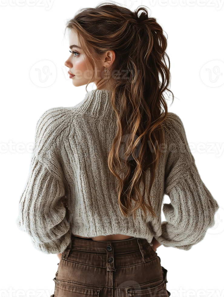 Portrait of beautiful young woman in sweater, isolated on transparent background png