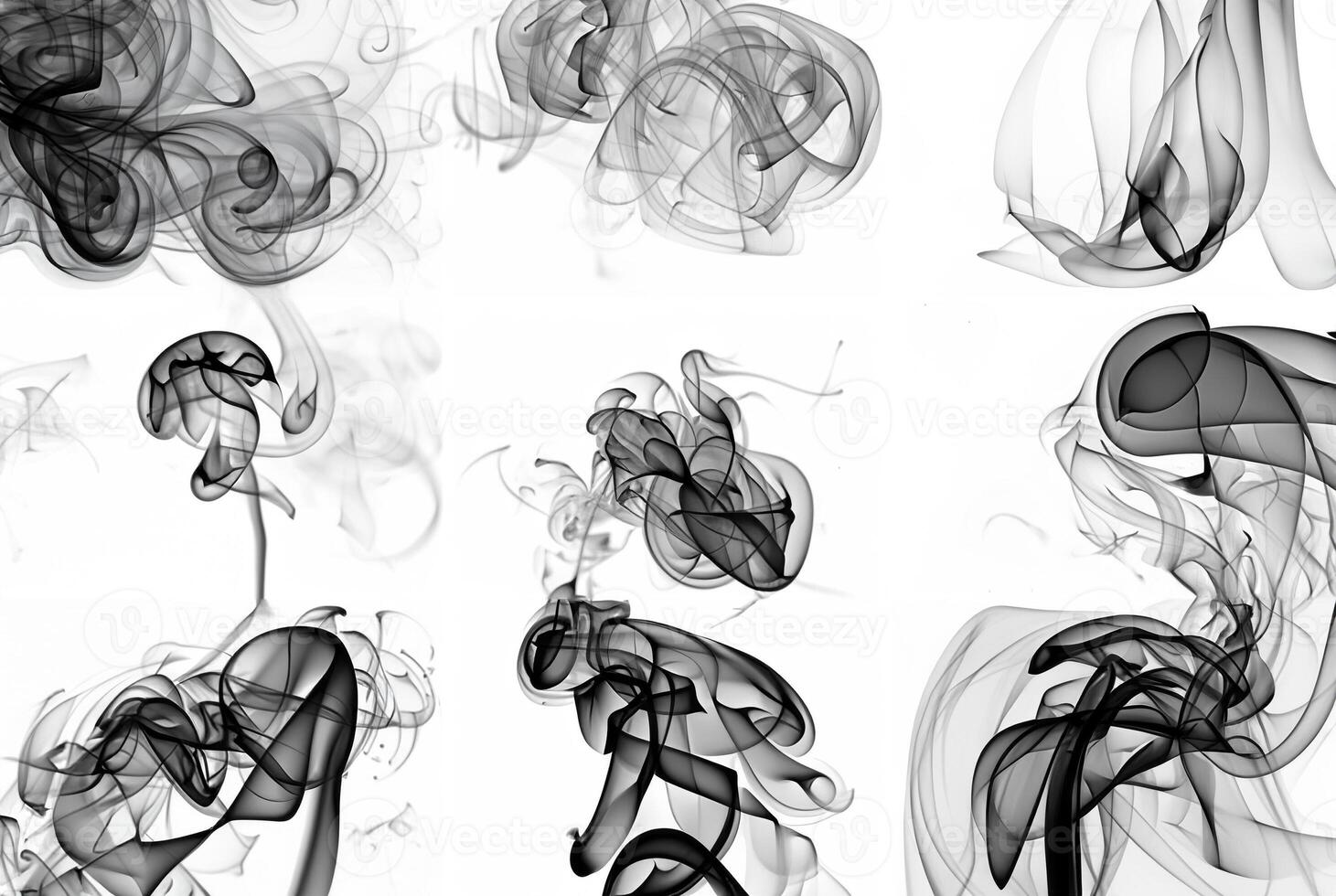 Abstract black smoke swirls and wisps on a white background, perfect for creative designs, overlays, and artistic effects. photo