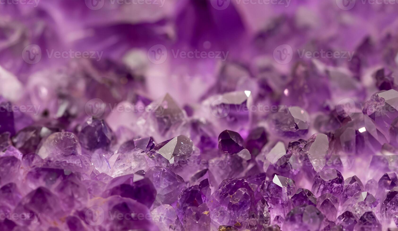 Macro shot of purple amethyst crystals showcasing their natural geometric formations and vibrant color, perfect for jewelry, geology, and design elements. photo