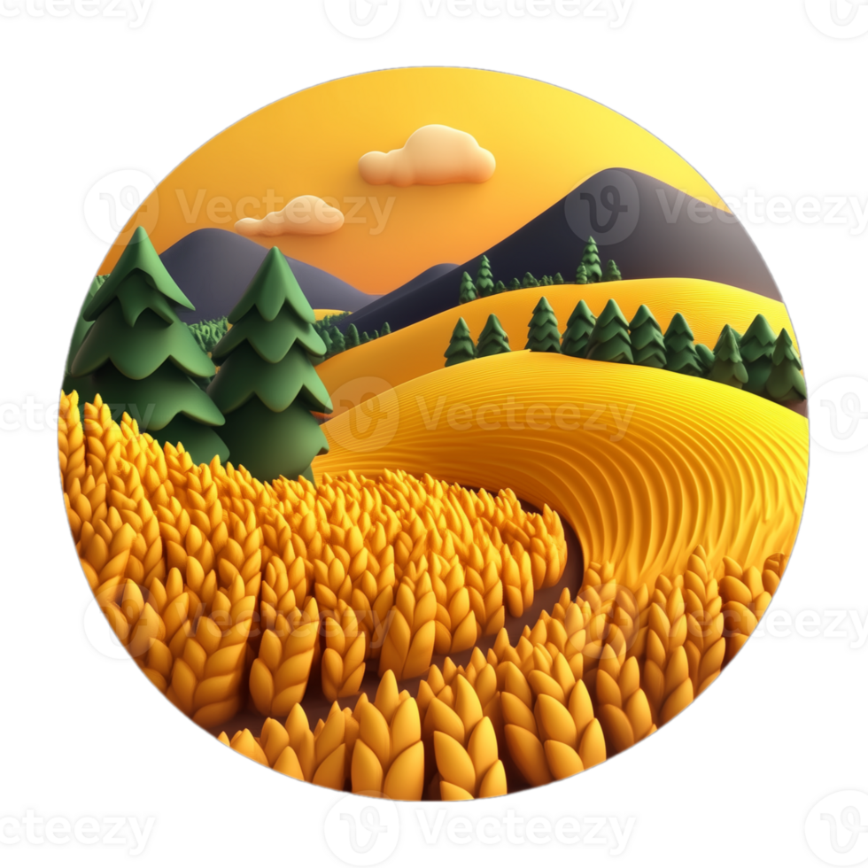 A circular illustration of a field with trees and mountains png