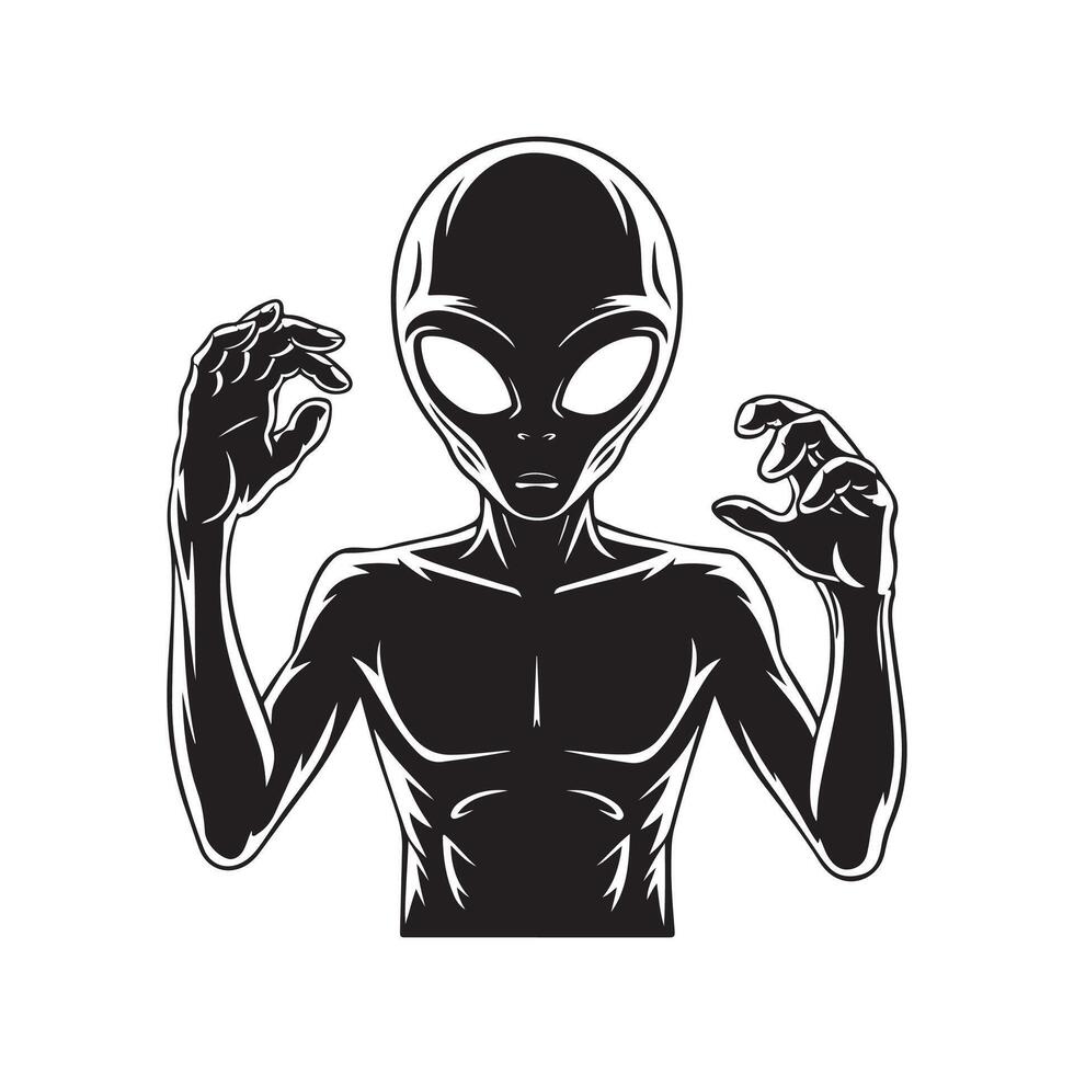 Alien man with hands up in front of him vector