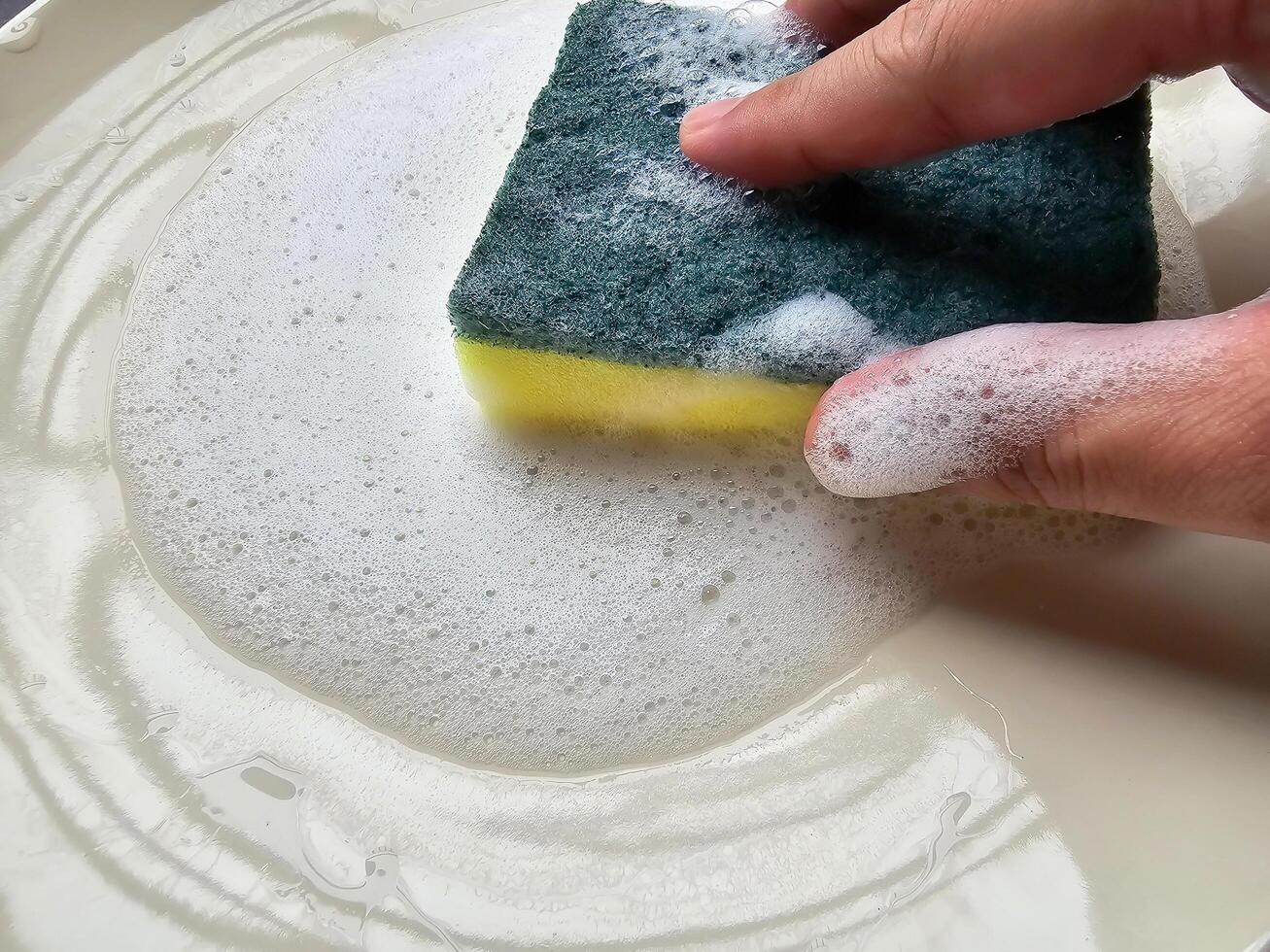 Closeup of washing dishes while rubbing a sponge on a plate. photo