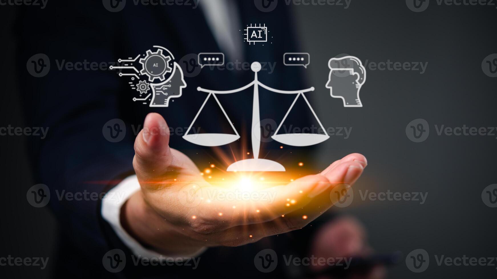Businessman holding a scale of justice and law concept with icons on his hand photo