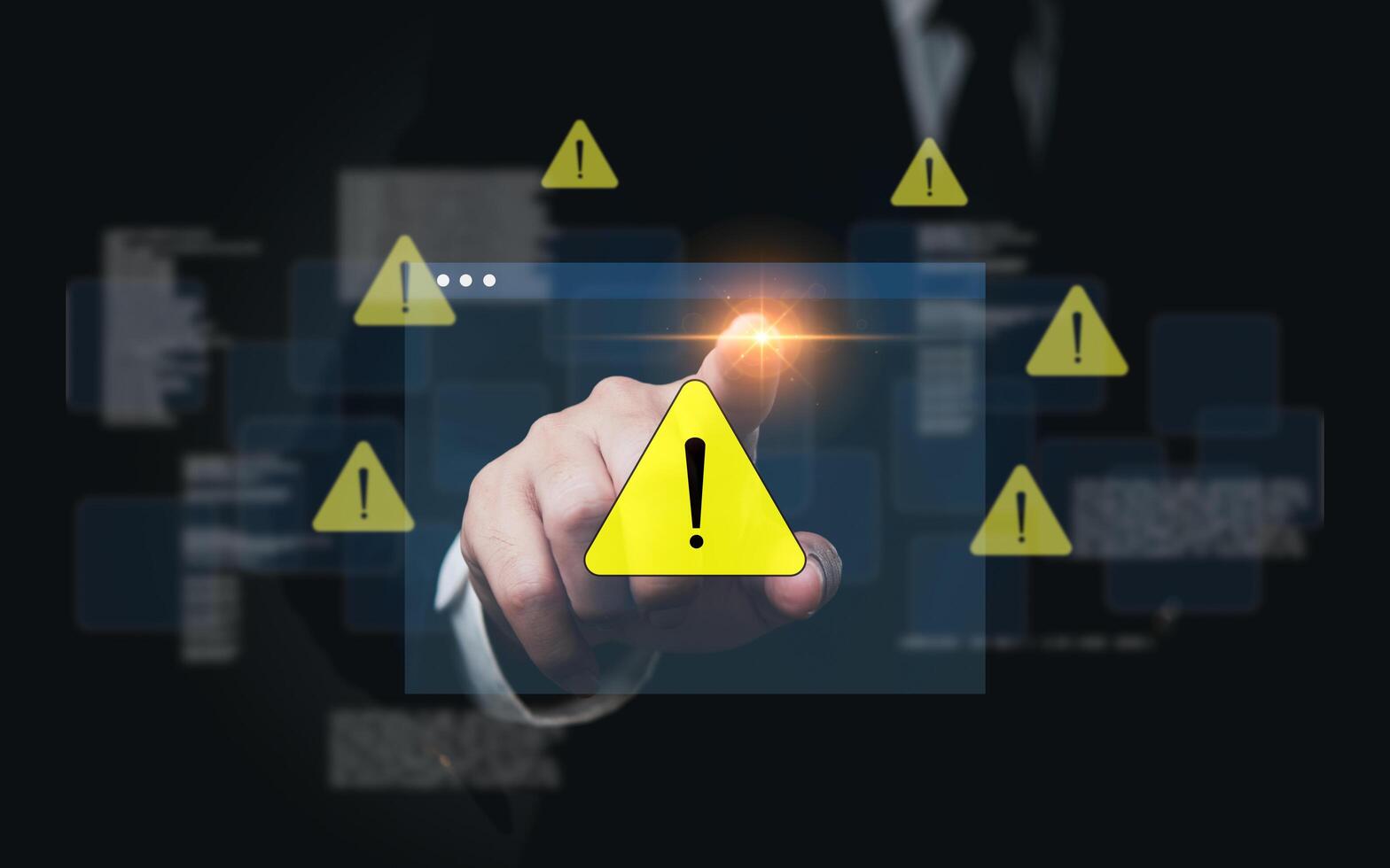 Businessman activating digital warning symbol. Highlight on cybersecurity risk. Perfect for security, tech, IT presentations. photo