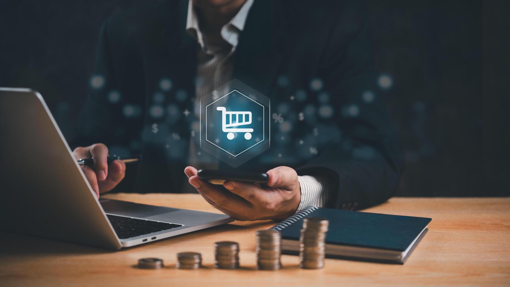 Businessman using smartphone for online shopping, with a digital shopping cart icon, symbolizing e-commerce and digital transactions. Ideal for fintech, online retail, and digital marketing content. photo