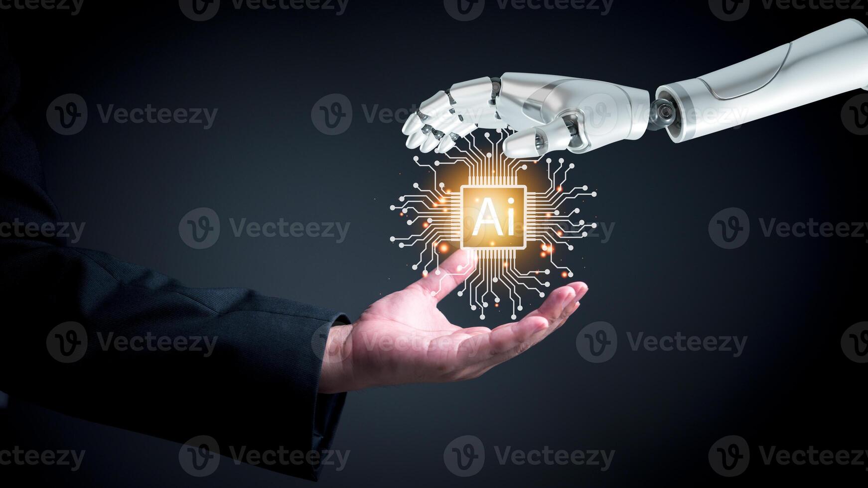 Human hand and robotic hand collaborating with glowing AI chip, symbolizing technological partnership. Ideal for AI integration, futuristic business strategies, innovation. photo