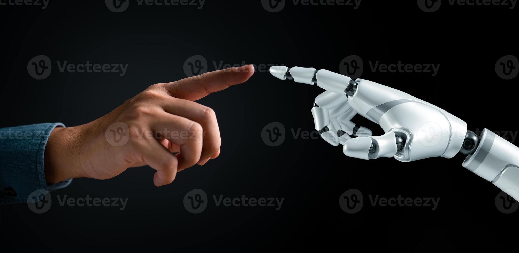 Human and robot hands reaching out to touch. Symbolizes human-AI interaction, futuristic cooperation. Technology and innovation concept. Cybernetic partnership. photo
