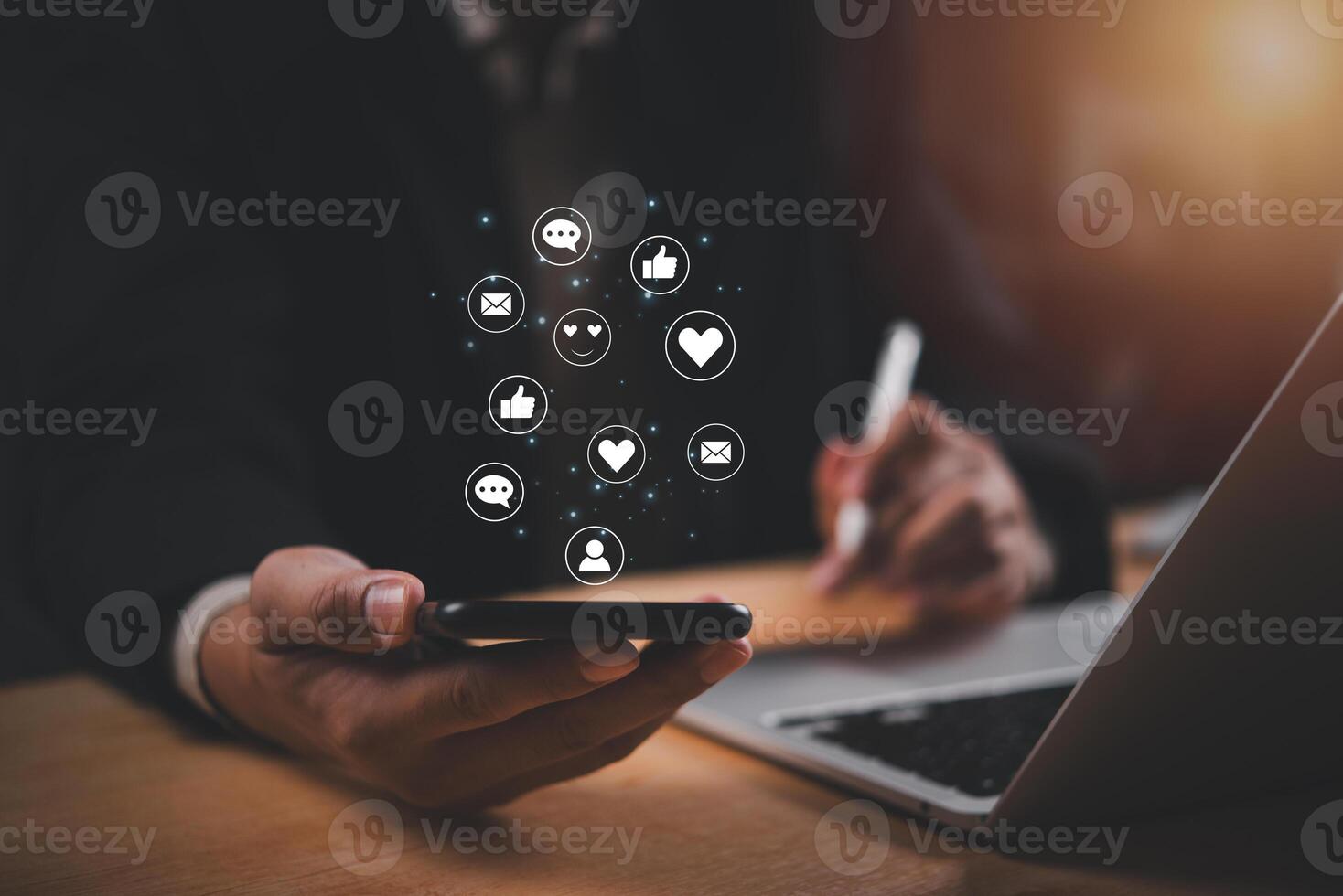 Digital online social media network online concept. Businessmen using smartphone technology communications working and chat message app multimedia. photo
