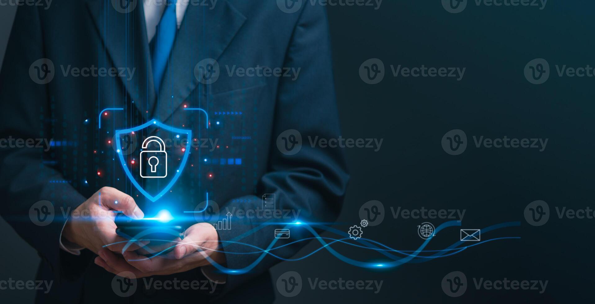 Businessman with a digital shield and lock icon, cybersecurity, and data protection.Privacy and trust in digital transactions. Perfect for IT services, and business presentations. High-tech security photo