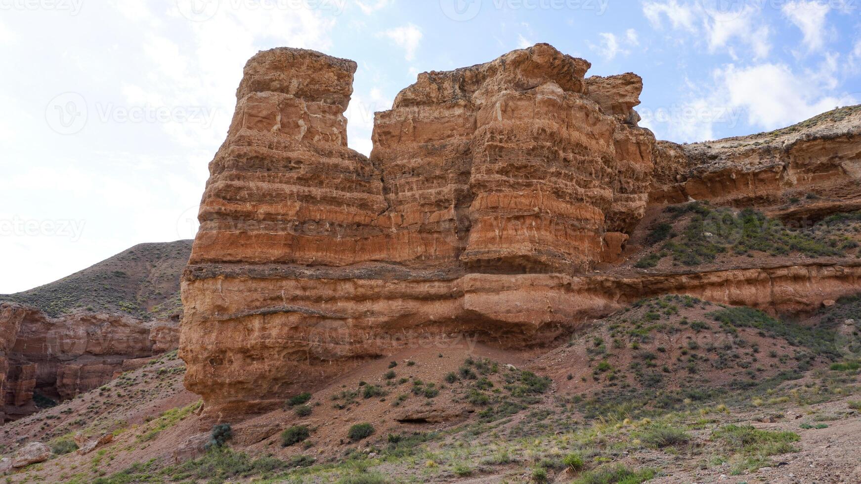 Charyn or Sharyn Canyon on a blue summer sky background in the South of Kazakhstan, near Almaty photo