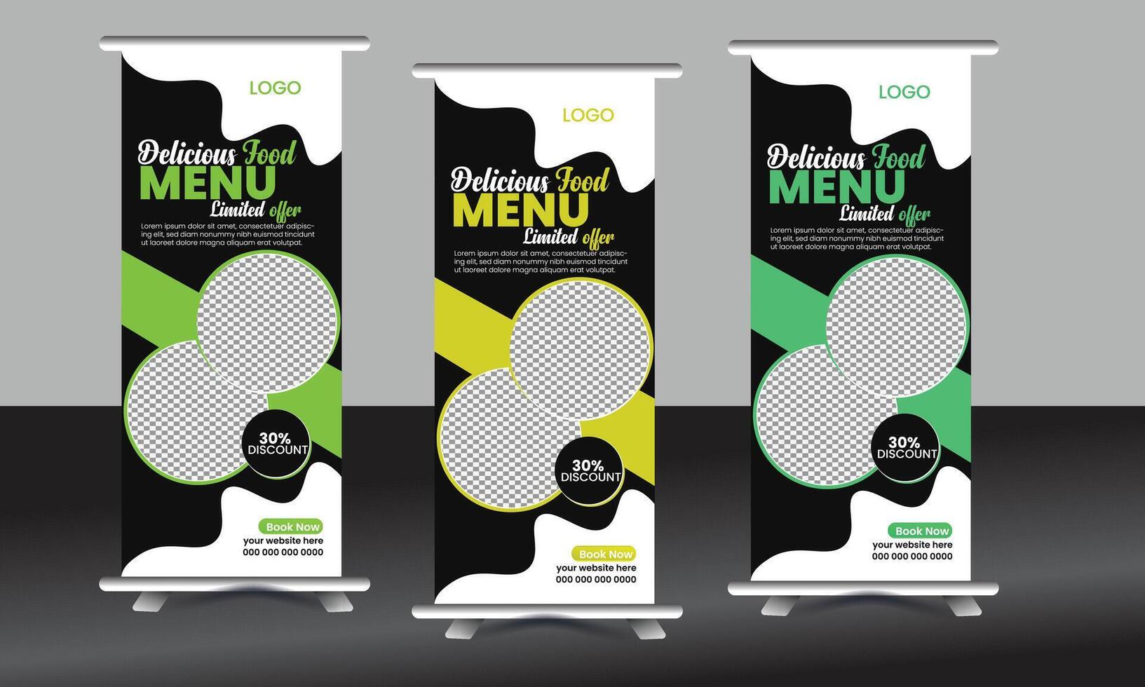 Food menu and restaurant Modern food roll up banner template design with abstract background vector
