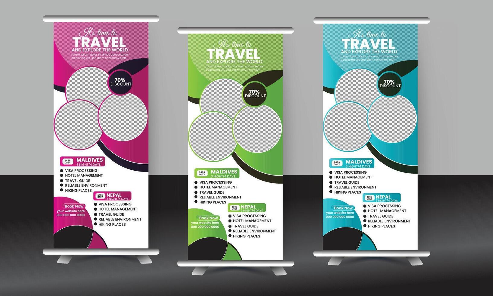 Modern and professional travel roll-up banner design. vector