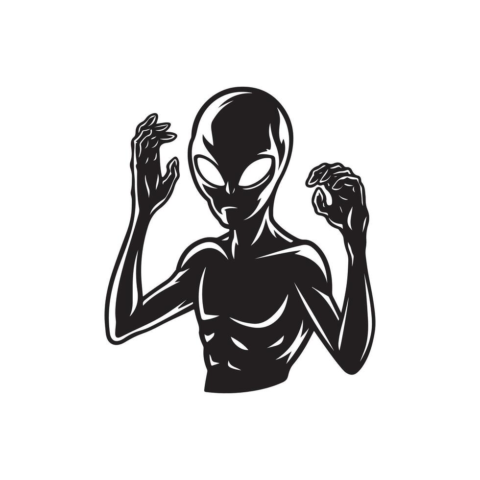 Alien man with hands up in front of him vector