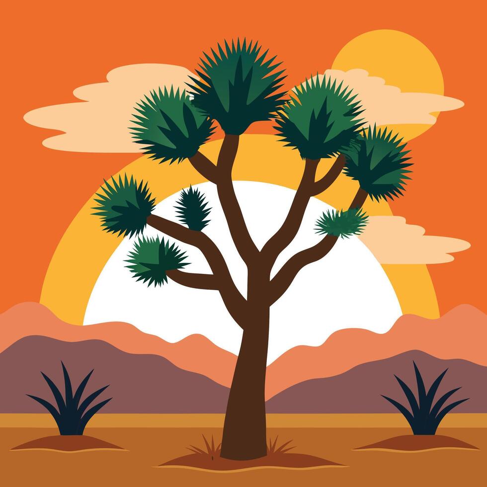 Joshua tree in the desert with mountains and sun vector