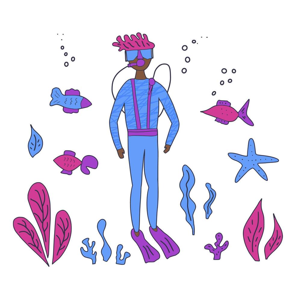 Divers with underwater fish and plant. set. vector
