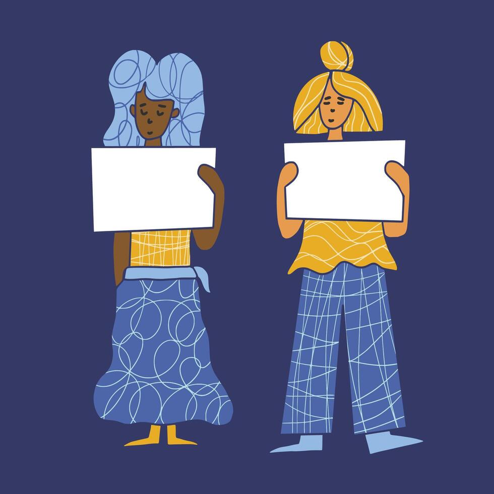 Group of young woman holding banners blanks. vector