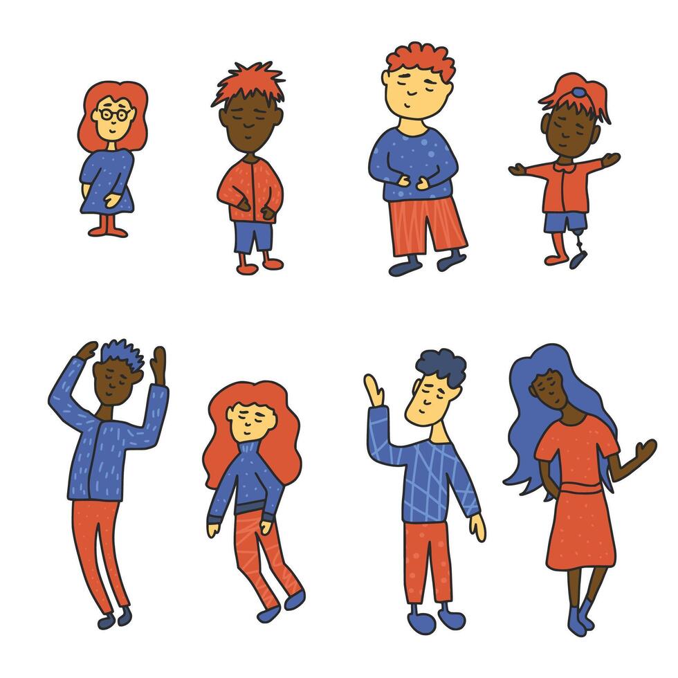 Group of children in doodle style. design. vector