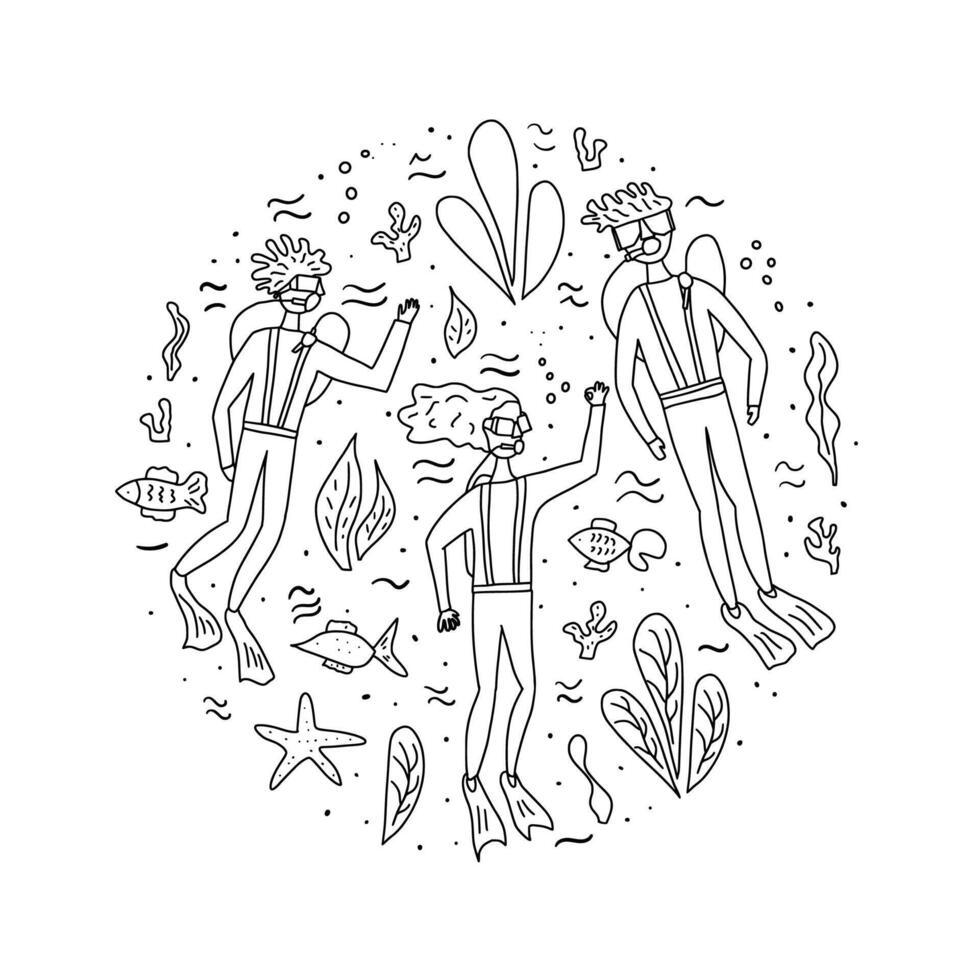 Divers with underwater fish and plant. set. vector