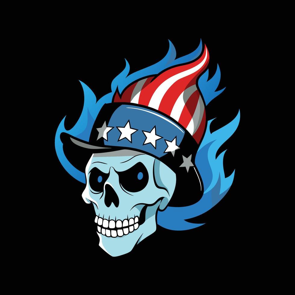 An american skull wearing a hat with flames vector