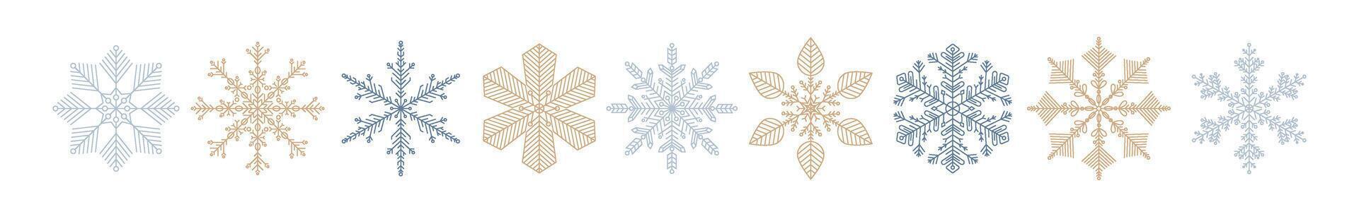 Snowflakes ice crystal collection. Set of golden and silver snowflakes design elements. Merry Christmas and happy new year ice crystal for winter greeting print isolated. Snow icon symbols. vector