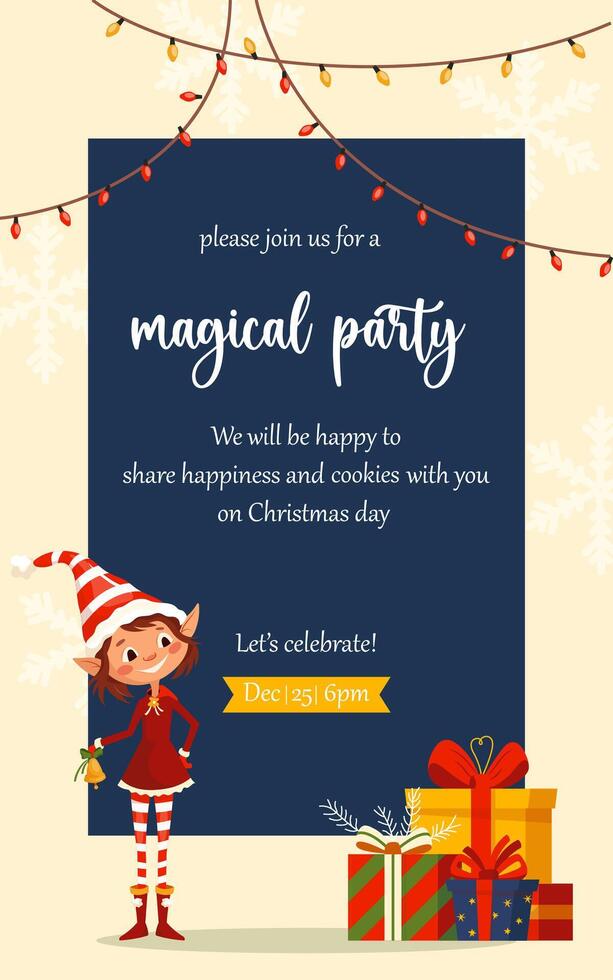 Winter holidays invitation card with elf girl. templates with Santa Claus little helper fun character. Cute kid design for print, card, flyer, banner. Merry Christmas 2025 cover vector