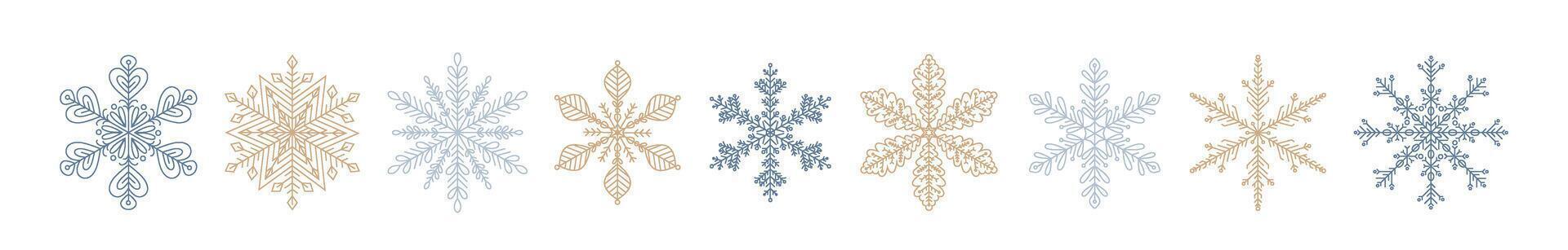 Snowflakes ice crystal collection. Set of golden and silver snowflakes design elements. Merry Christmas and happy new year ice crystal for winter greeting print isolated. Snow icon symbols. vector