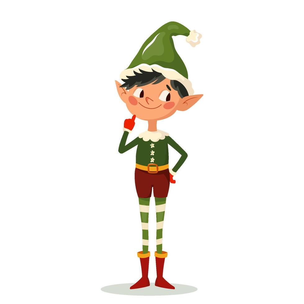 Little elf in green cap thought about prank. Santa Claus little helper fun character isolated on white background. Cartoon illustration for Christmas card, banner, sticker, post, print vector