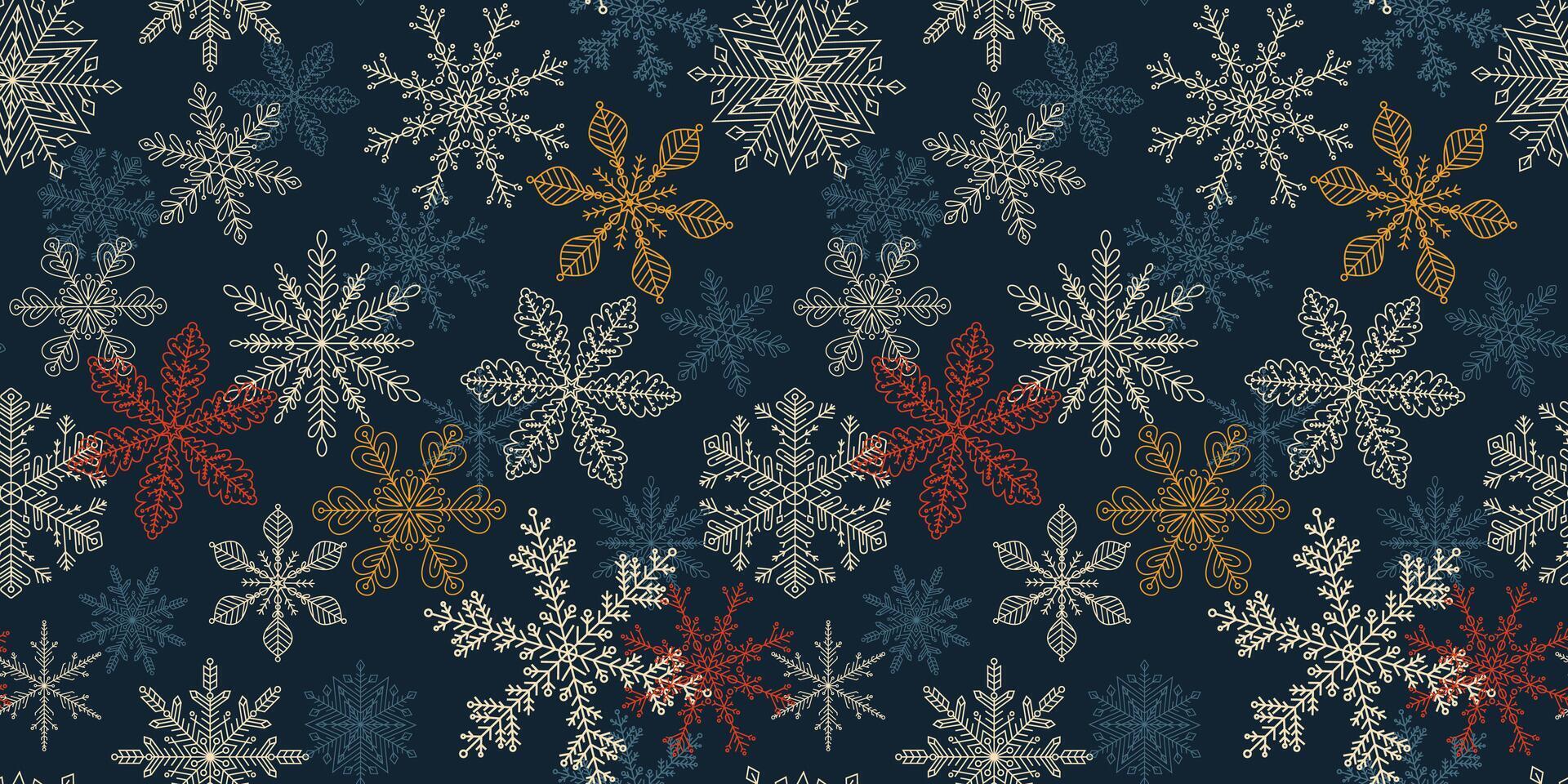 Christmas pattern with colorful snowflakes on dark blue background. Simple Christmas seamless pattern with geometric motifs. New year ornament. Design web, wrapping, wallpaper, cover, textile vector