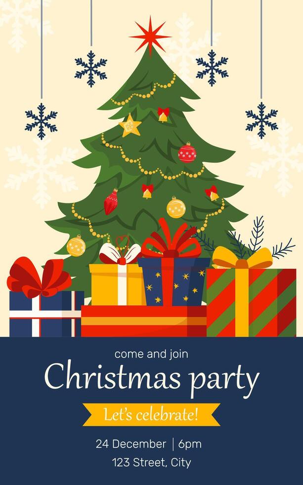 Winter holidays invitation card with Christmas tree, snowflakes and a lot of presents. cute holidays design for print, card, flyer, banner. Merry Christmas 2025 cover vector