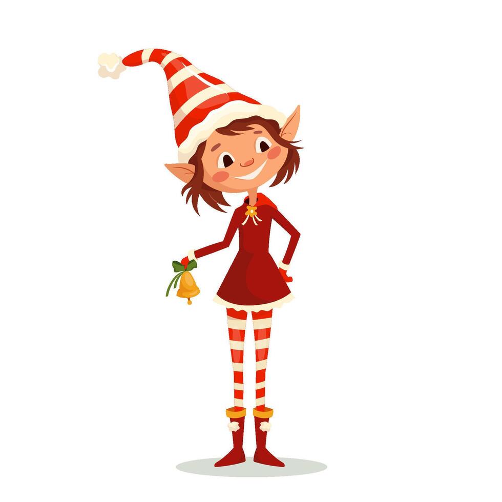 Cheerful elf girl in striped cap rings bell isolated on white background. Santa Claus little helper fun character in red dress. Cartoon illustration for Christmas card, banner, sticker vector