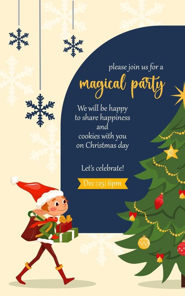 Winter holidays invitation card with elf. templates with Santa Claus little helper fun character. Cute kid design for print, card, flyer, banner. Merry Christmas 2025 cover vector