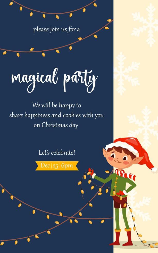 Winter holidays invitation card with elf boy. templates with Santa Claus little helper fun character. Cute kid design for print, card, flyer, banner. Merry Christmas 2025 cover vector
