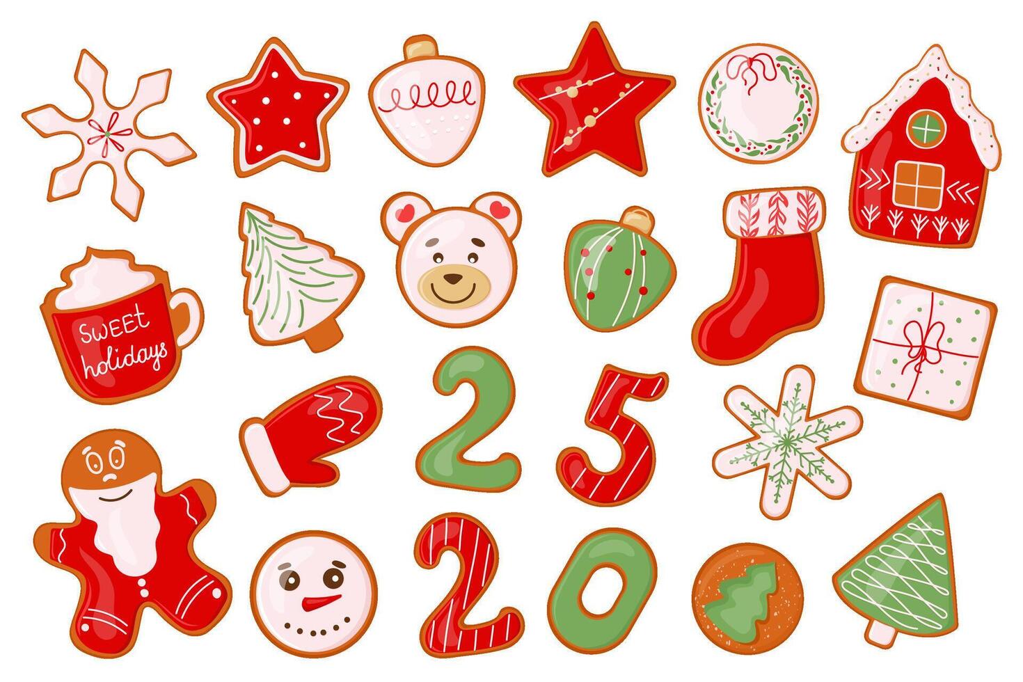 Collection Christmas gingerbread sugar glaze cookies Sweet homemade biscuit of hand painted ginger cake man, snowflakes, snowman and sock, tree, home and star winter food illustrations isolated vector