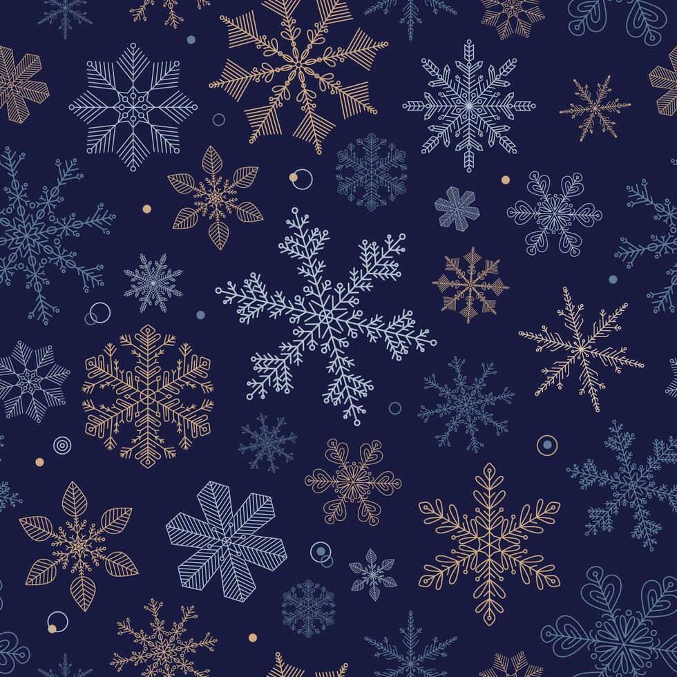 Christmas pattern with silver and gold snowflakes on blue background. Simple Christmas seamless pattern with geometric motifs. New year ornament. Design web, wrapping, wallpaper, cover, textile vector