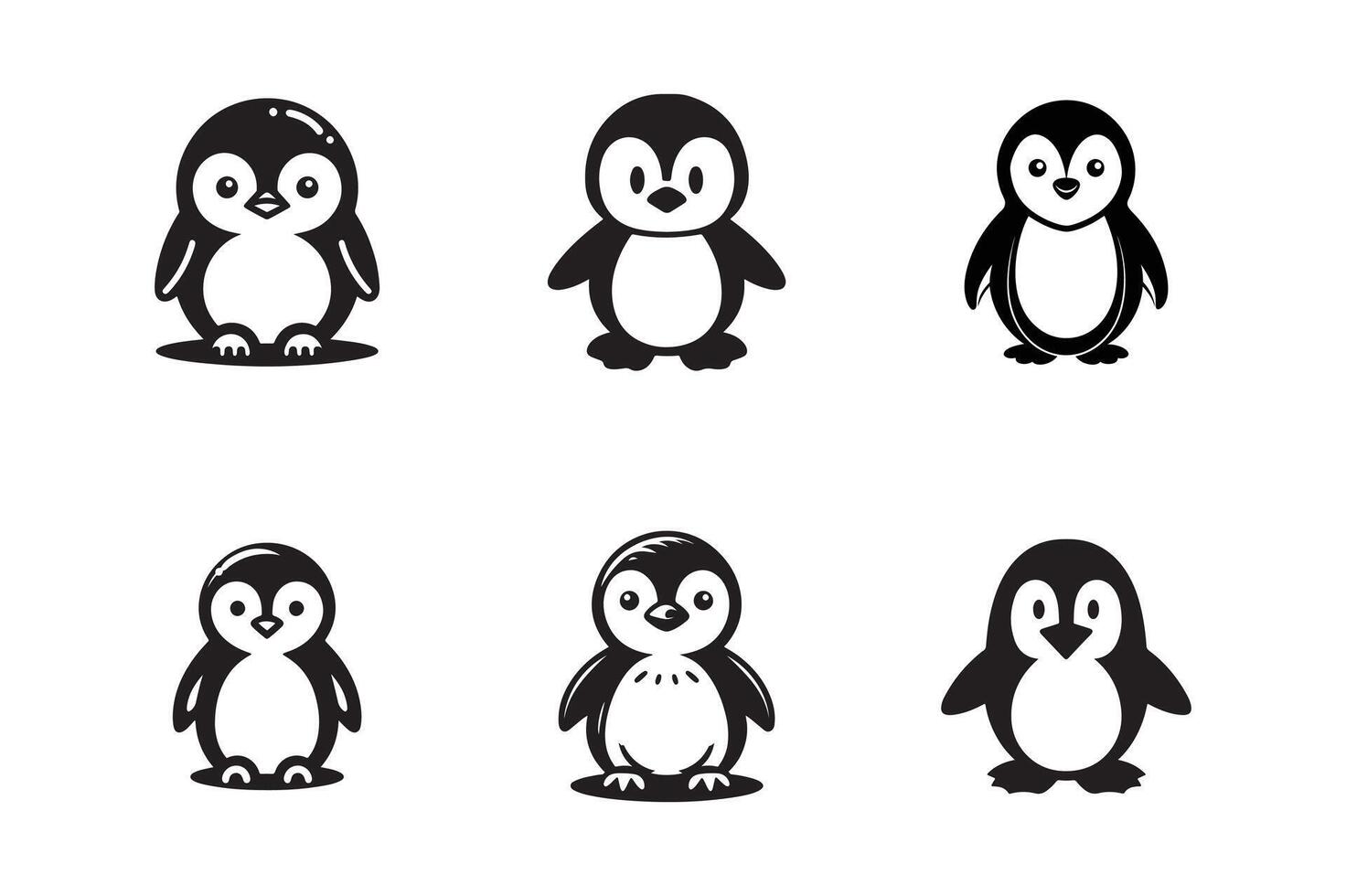 Penguin icons set, black and white illustration vector